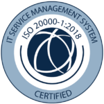 The image displays a certification logo for ISO 20000-1:2018, which pertains to an IT Service Management System. The logo includes the text "IT SERVICE MANAGEMENT SYSTEM" at the top, the ISO certification number in the center, and "CERTIFIED" at the bottom. The design features a circular emblem with interlocking lines, symbolizing the interconnected nature of IT service management, set against a blue and gray color scheme.