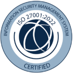 The image displays a certification logo for ISO 27001:2022, which pertains to an Information Security Management System. The logo includes the text "INFORMATION SECURITY MANAGEMENT SYSTEM" at the top, the ISO certification number in the center, and "CERTIFIED" at the bottom. The design features a circular emblem with interlocking lines, symbolizing the interconnected nature of information security, set against a blue and gray color scheme.
