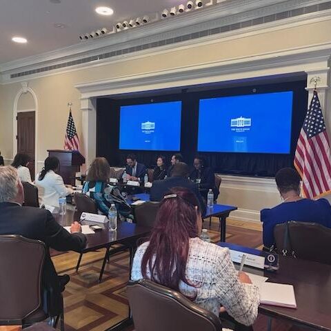The image shows a panel discussion taking place in a conference room, with participants seated at a table. Two large screens displaying the White House logo are visible in the background. The room has an American flag, and several attendees are engaged in the discussion.