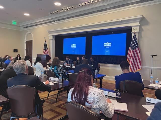 IMG_3615 The image shows a panel discussion taking place in a conference room, with participants seated at a table. Two large screens displaying the White House logo are visible in the background. The room has an American flag, and several attendees are engaged in the discussion.