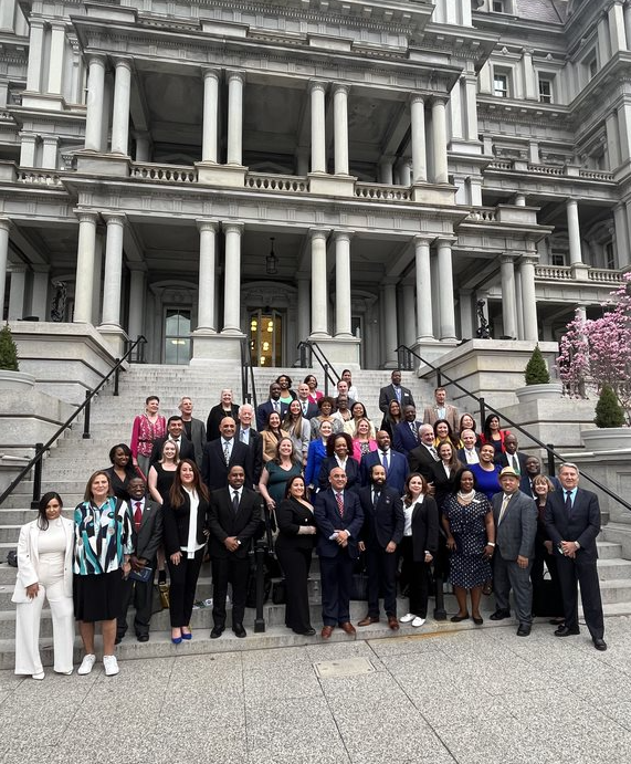 Screenshot 2024-03-18 154235 The image shows a large group photo of individuals standing together on the steps of a grand building. The group is diverse, with both men and women dressed in formal attire. Some people are smiling, while others stand with a more serious expression. The setting appears to be a formal or professional event, with elegant architecture in the background.